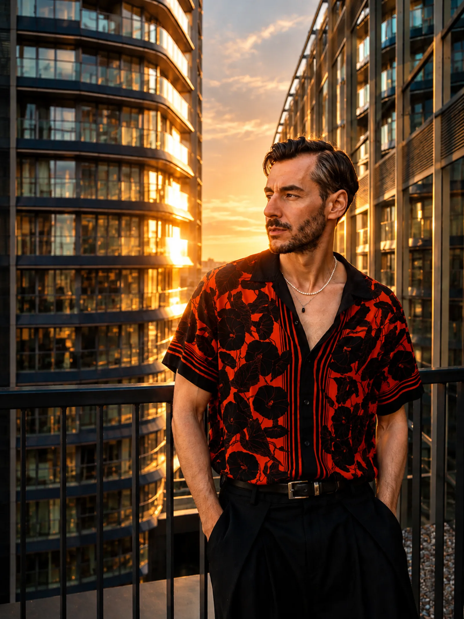 Editorial portrait — patterned shirt at golden hour on a city rooftop