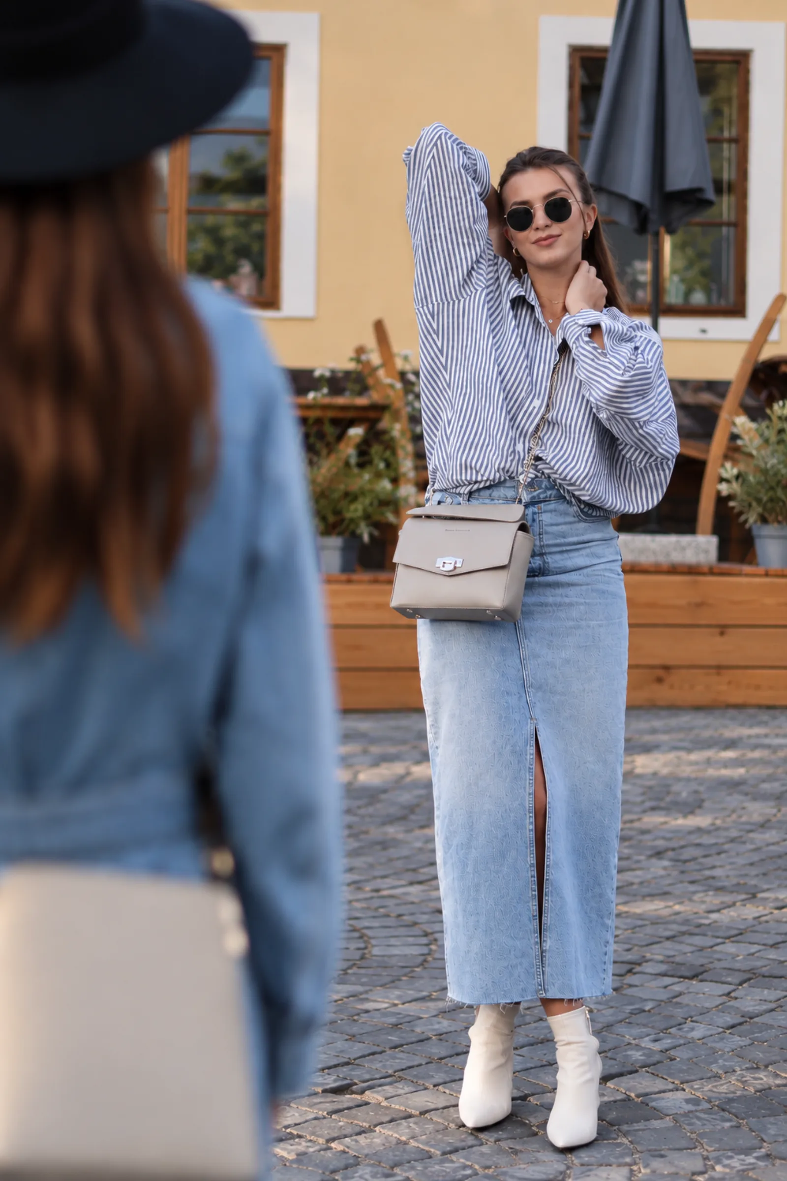 Street lookbook — denim skirt, striped shirt and a leather bag